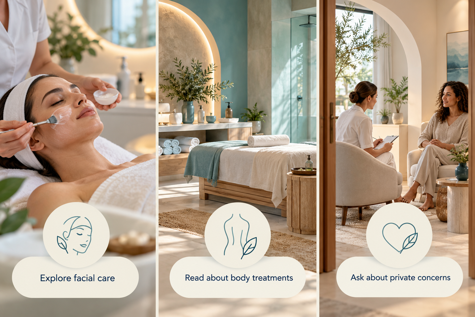 A guide to the different areas of care: Explore facial care • Read about body treatments • Ask about private concerns