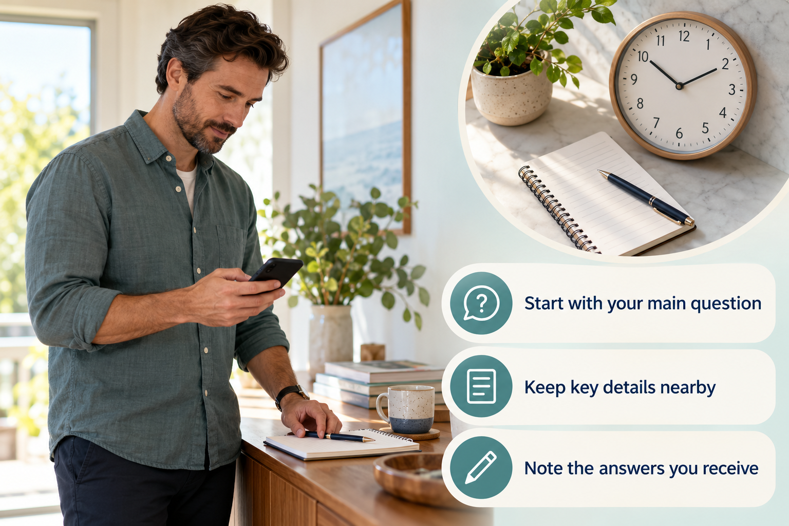 Set an agenda for the call: Start with your main question • Keep key details nearby • Note the answers you receive