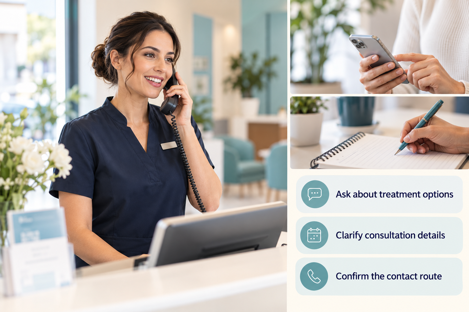 Start with a conversation: Ask about treatment options • Clarify consultation details • Confirm the contact route