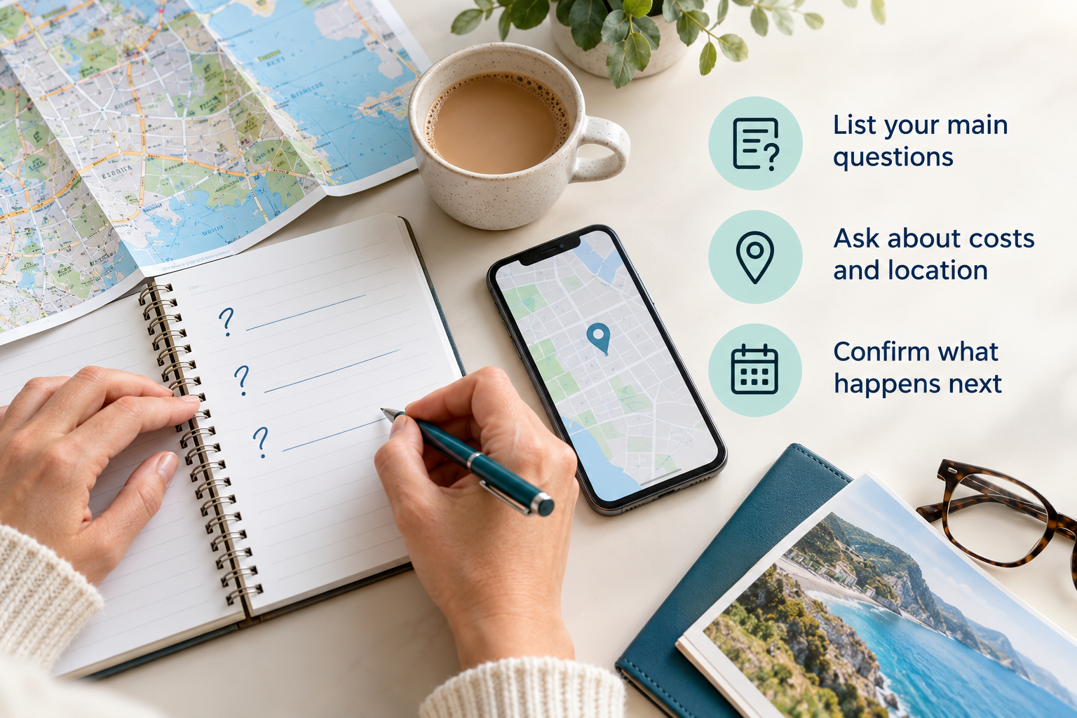 Plan your enquiry: List your main questions • Ask about costs and location • Confirm what happens next