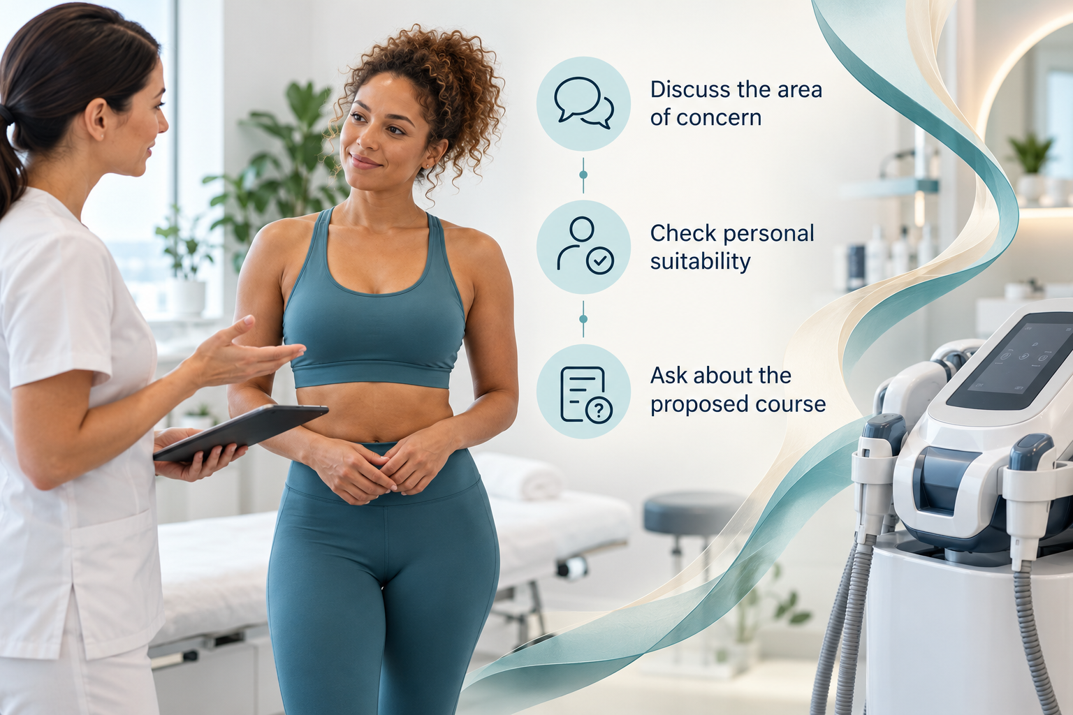Body Sculpting and Contouring: Discuss the area of concern • Check personal suitability • Ask about the proposed course